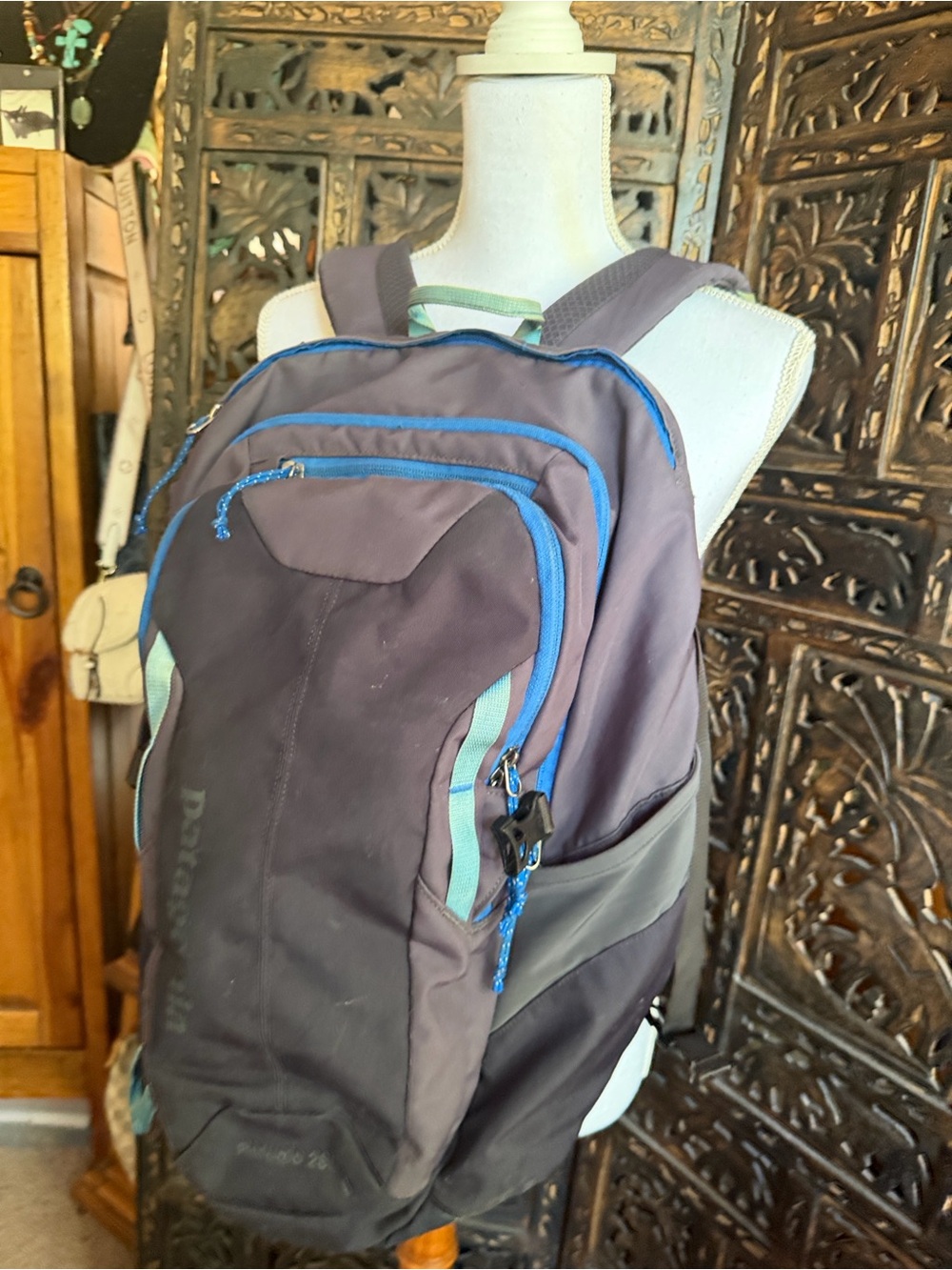 Patagonia Gray Backpack with Blue Trim